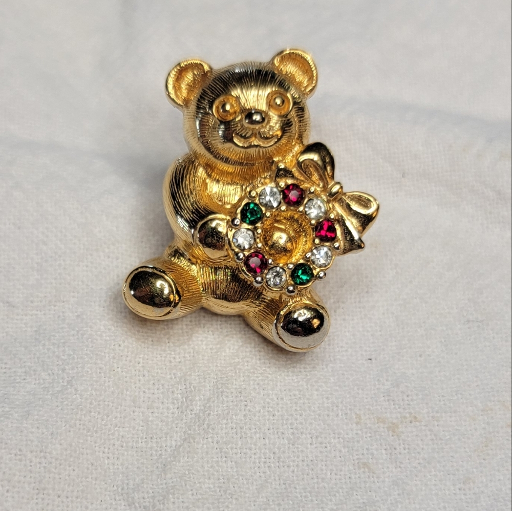 Vintage Christmas Teddy Bear with Rhinestone Wreath Pin